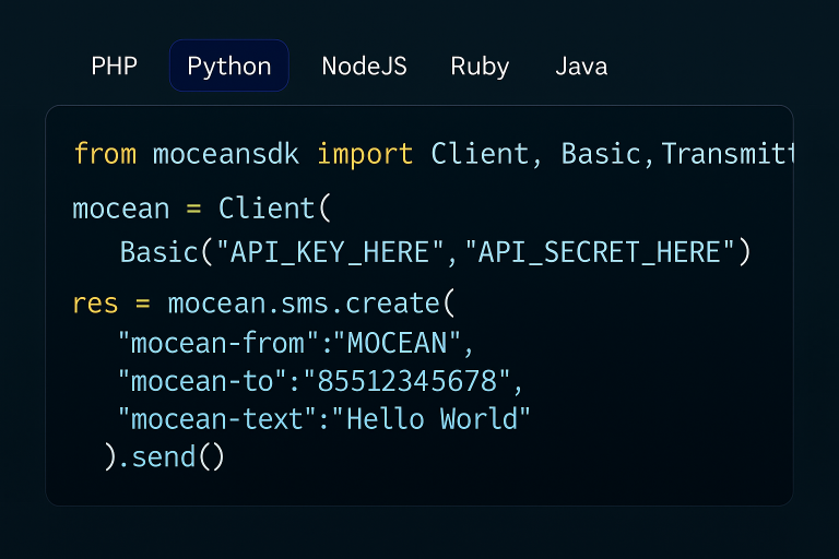 Python code sample using Mocean’s SMS API to send real-time messages in Cambodia