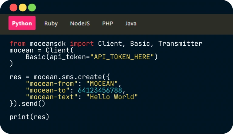 គំរូកូដ Python ដោយប្រើ SMS API របស់ Mocean ដើម្បីផ្ញើសារតាមពេលវេលាជាក់ស្តែងនៅកម្ពុជា
